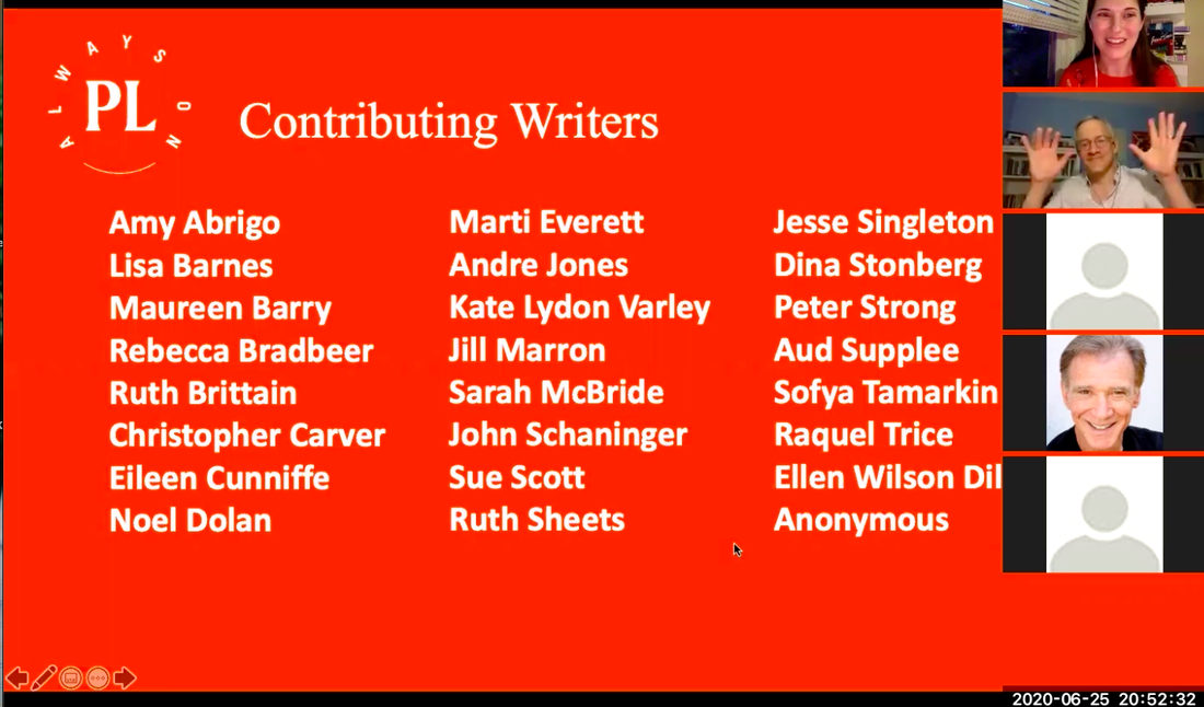 A screen shot with s deep orange background and white text displayign the names of all conteibutign writers for People's Light's Community Matters readinng in the summer of 2020, on the side are Zoom-box images of Marcie, a white woman in her 30s with long brown hair and a red dress, mid-sentence; just below is a middle-aged white man with white hair and glasses, raising both of his hands near his face; then a box with a person icon; then a close-up headshot of a middle-aged white man with graying hair, parted and swept the side, who is smiling into the camera; then another a box with a person icon.. 